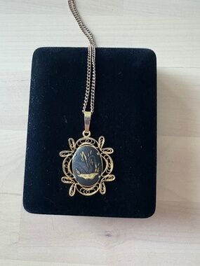 Vintage Toledo Ware damascene mixed metal Necklace Filigree Frame